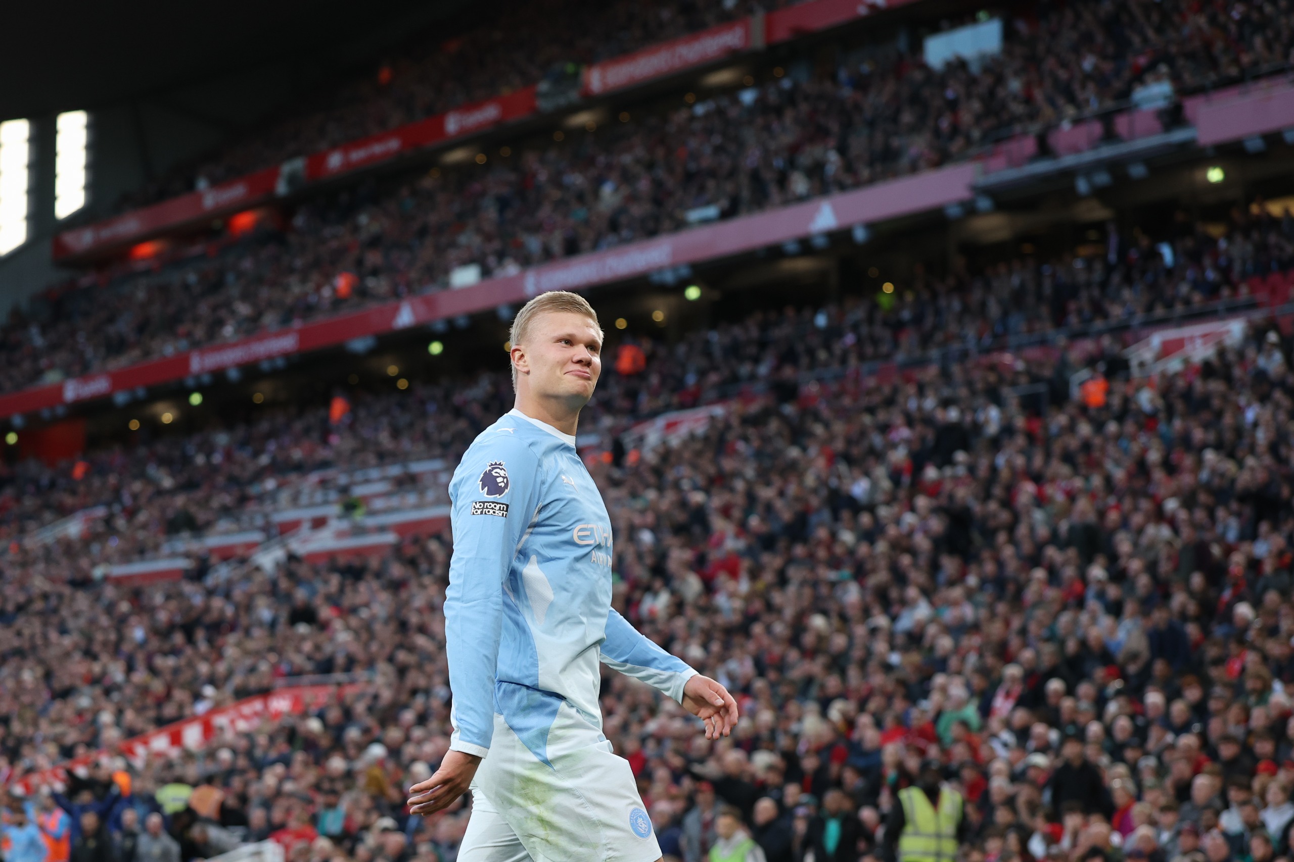 Erling Haaland of Manchester City celebrates his goal against Liverpool