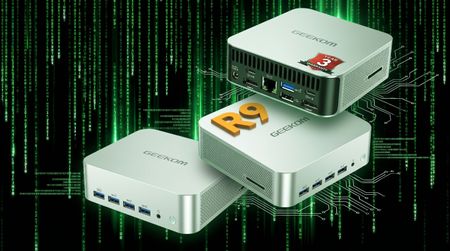 Three GEEKOM mini PCs are displayed against a digital matrix background. Two are stacked, and one has an "R9" logo. The scene conveys advanced technology.