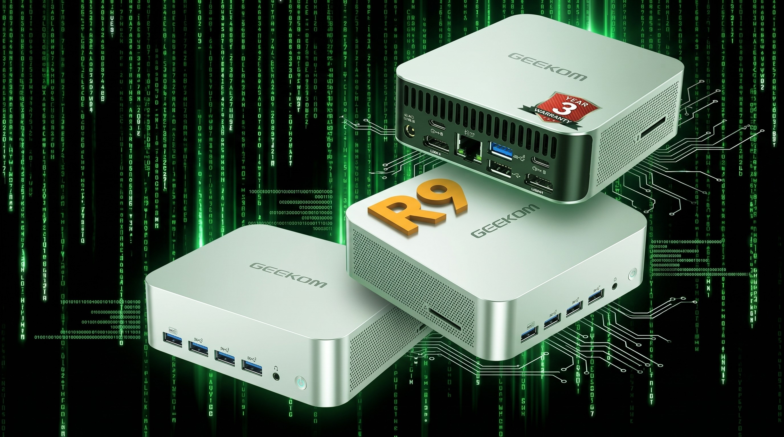 Three GEEKOM mini PCs are displayed against a digital matrix background. Two are stacked, and one has an "R9" logo. The scene conveys advanced technology.