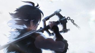 Key art from the unnamed Kingdom Hearts anime series coming to Disney Plus, showing a long haired character wielding a Keyblade.