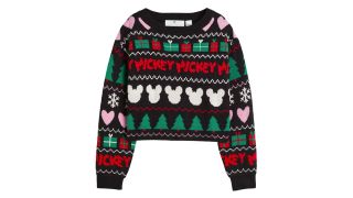 Jumper featuring christmas trees and Mickey mouse heads illustrating the Christmas jumpers