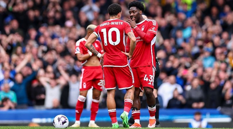 Nottingham Forest players look dejected during their defeat at Everton in April 2024.