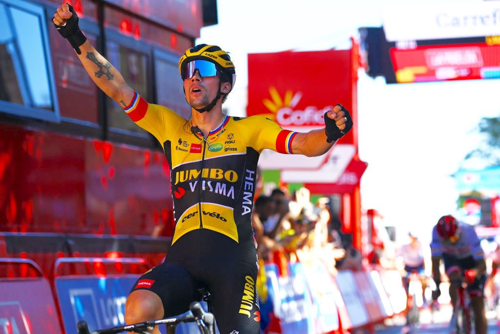 LAGUARDIA, SPAIN - AUGUST 23: Primoz Roglic of Slovenia and Team Jumbo - Visma celebrates at finish line as stage winner during the 77th Tour of Spain 2022, Stage 4 a 152,4km stage from Vitoria-Gasteiz to Laguardia 627m / #LaVuelta22 / #WorldTour / on August 23, 2022 in Laguardia, Spain. (Photo by Tim de Waele/Getty Images)