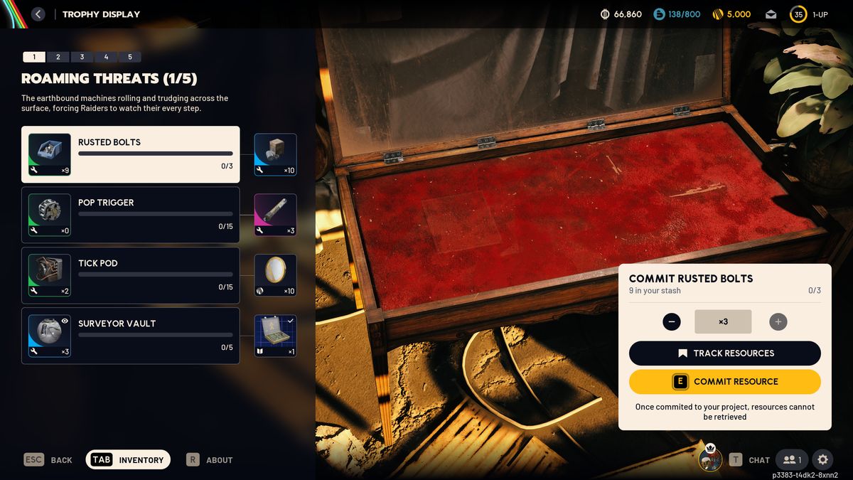 Arc Raiders Trophy Display: The Roaming Threats phase of the Trophy Display project, showing the required materials and available rewards.