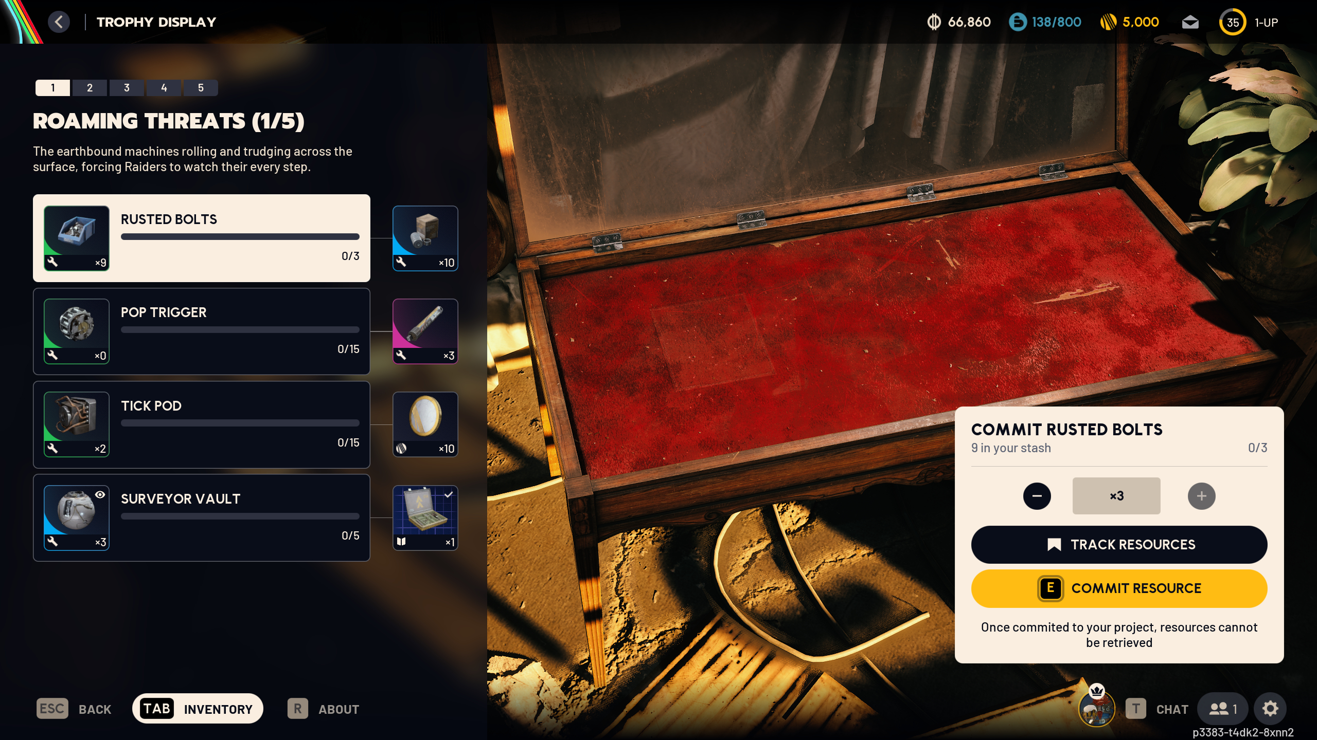 Arc Raiders Trophy Display: The Roaming Threats phase of the Trophy Display project, showing the required materials and available rewards.