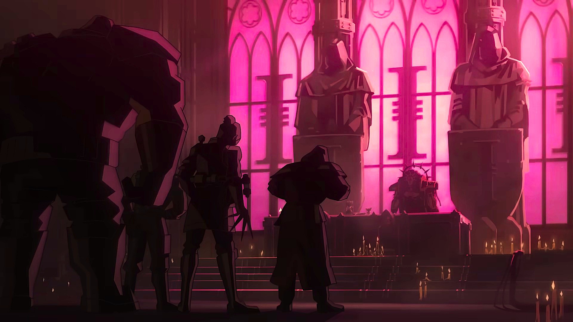 Five shadowed figures stand before a throne in a grand, dimly lit hall with large statues and pink stained glass windows in the background.