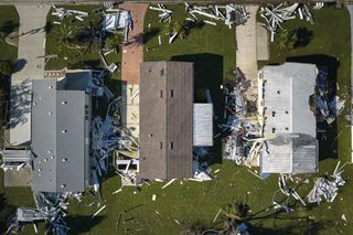 An overhead view of homes damaged by Hurricane Ian in Florida.