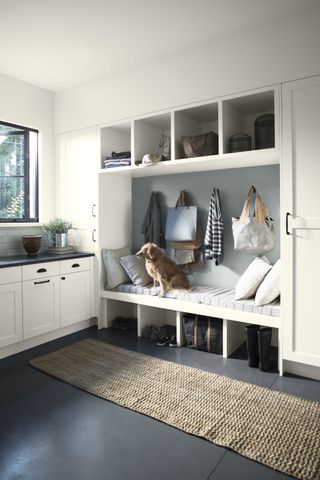 white mudroom/bootroom with dark grey floor, countertop and painted hanging unit