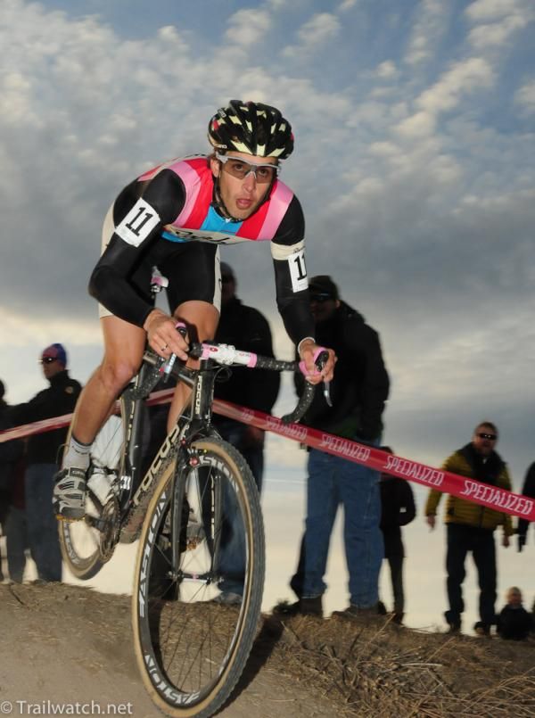 Chris Jones (Rapha Focus) leading the race though some whoops on the course
