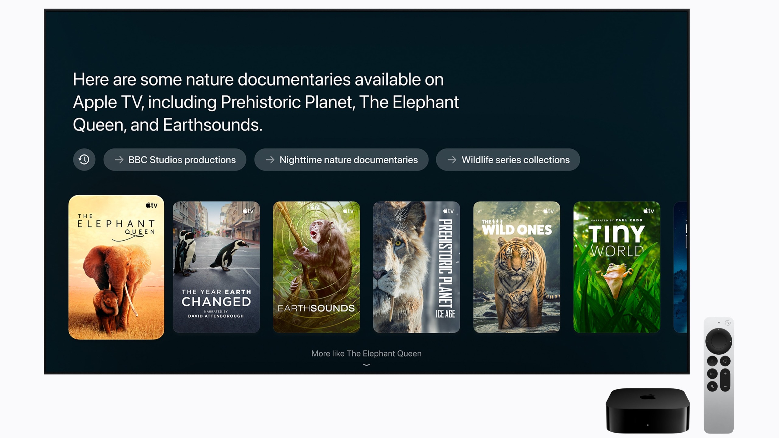 An Apple TV 4K and TV on a white background with a selection of nature documentaries on screen