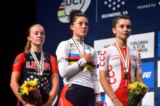 Emma White, Chloe Dygert (USA) and Agnieszka Skalniak (Poland) were the junior women's road race podium