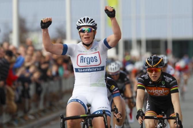 Kirsten Wild (Argos-Shimano) wins the sprint from Giorgia Bronzini (Wiggle Honda Team) and Chloe Hosking (Hitec Products)