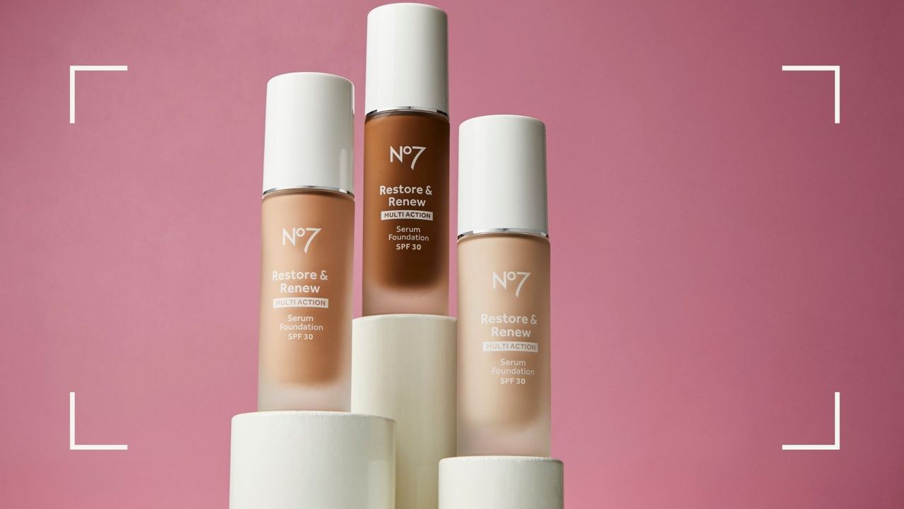 No7&#039;s new serum foundation in three shades on plinths on a pink background