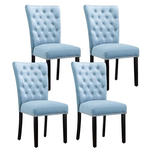 Adochr Velvet Dining Kitchen Chair Set of 4, Parsons Upholstered Dining Room Chair, Wood Accent Chair With Nailed Trim, Light Blue