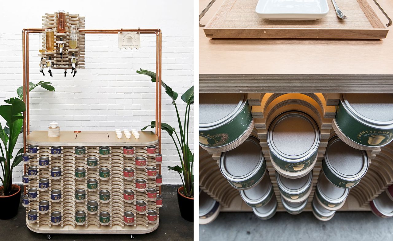 Portable tea trolley with different coloured tins