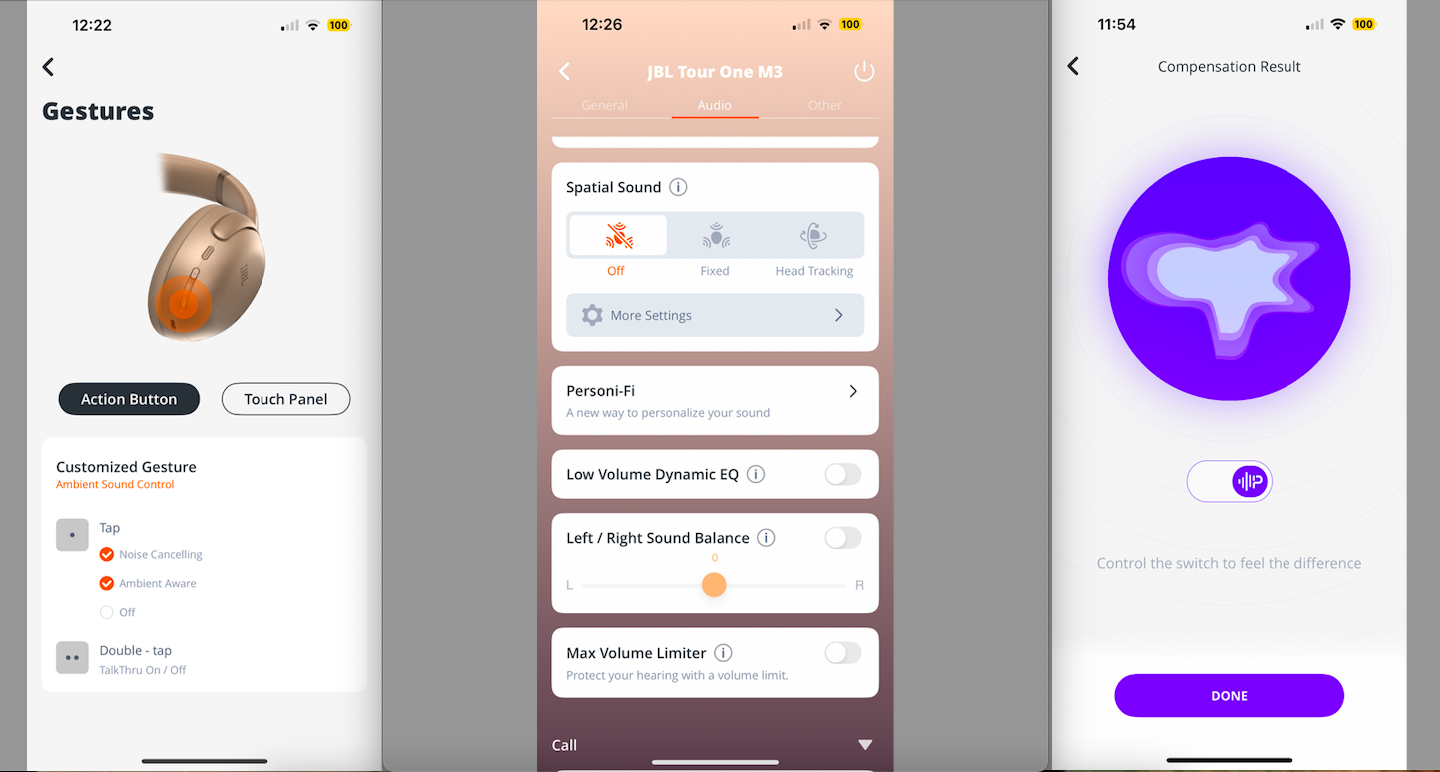 Three screenshots of the JBL Heaphones app, compatible with the JBL Tour One M3, and showing the possible gesture functions, spatial audio capability and sound detail.