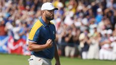 Jon Rahm celebrates at the 2025 Ryder Cup.
