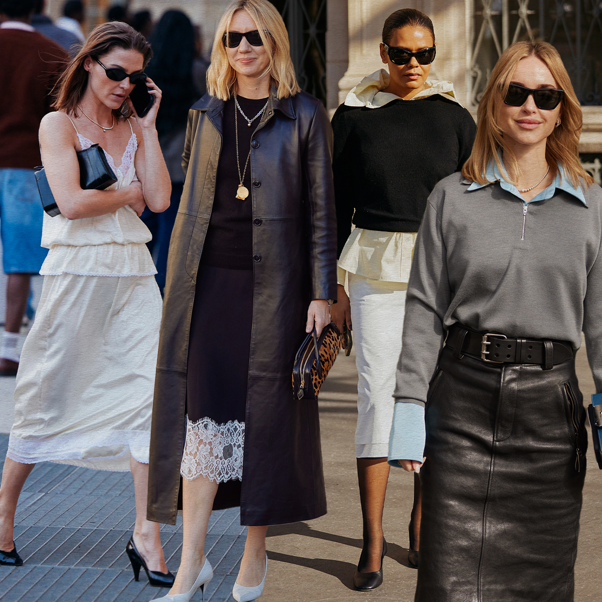 a collage of street style images from Paris Fashion Week featuring the top spring 2026 skirt trends