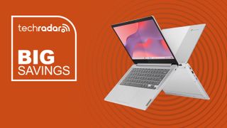 The Lenovo IdeaPad Slim 3 Chromebook on an orange background with a TechRadar deals badge.