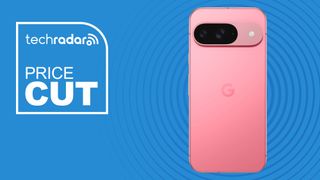 The Google Pixel 9 on a blue background. Text reads: Price cut