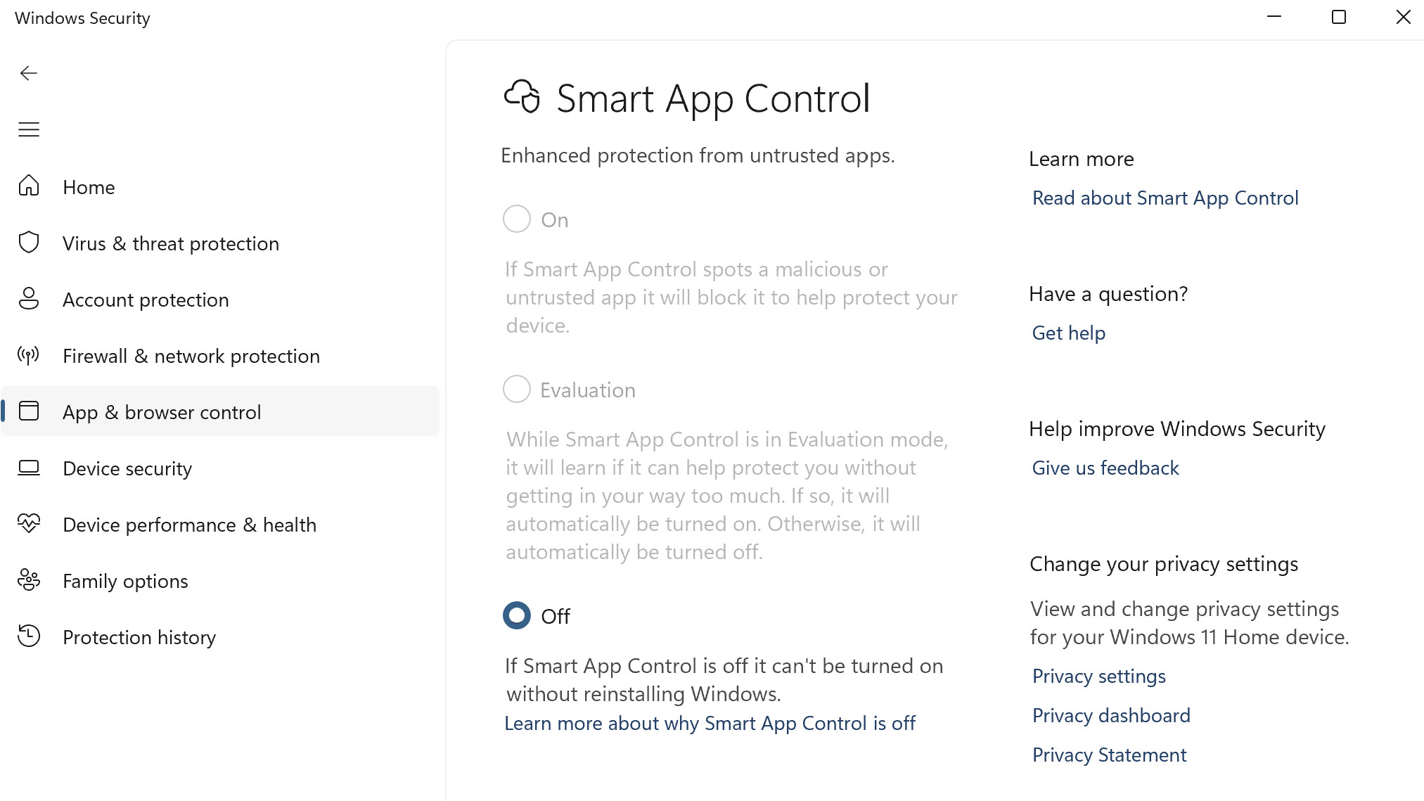 Windows 11 Smart App Control in Settings