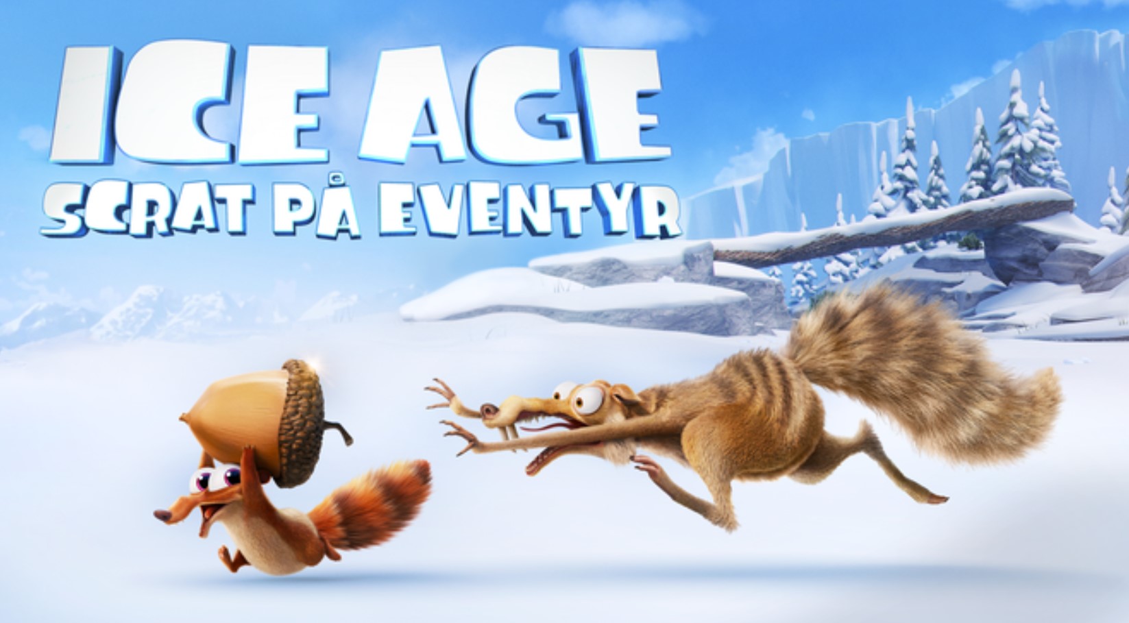 Scrat jagter sin søn, som løber med et agern i serien Ice Age: Scrat på eventyr