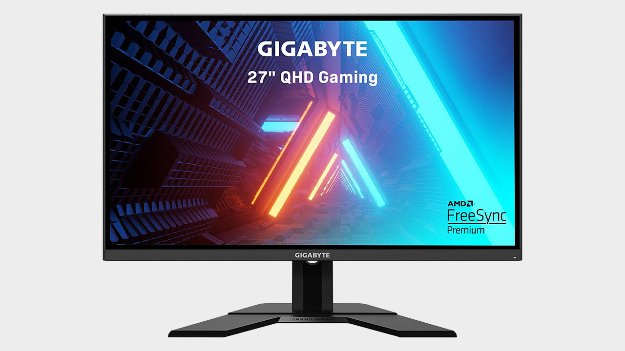 Gigabyte G27Q on a grey background.