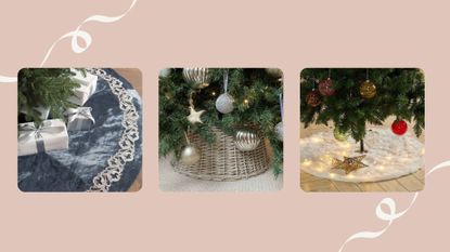a collage image showing three Christmas tree skirts, including options from Not On The High Street, Balsam Hill and Wayfair