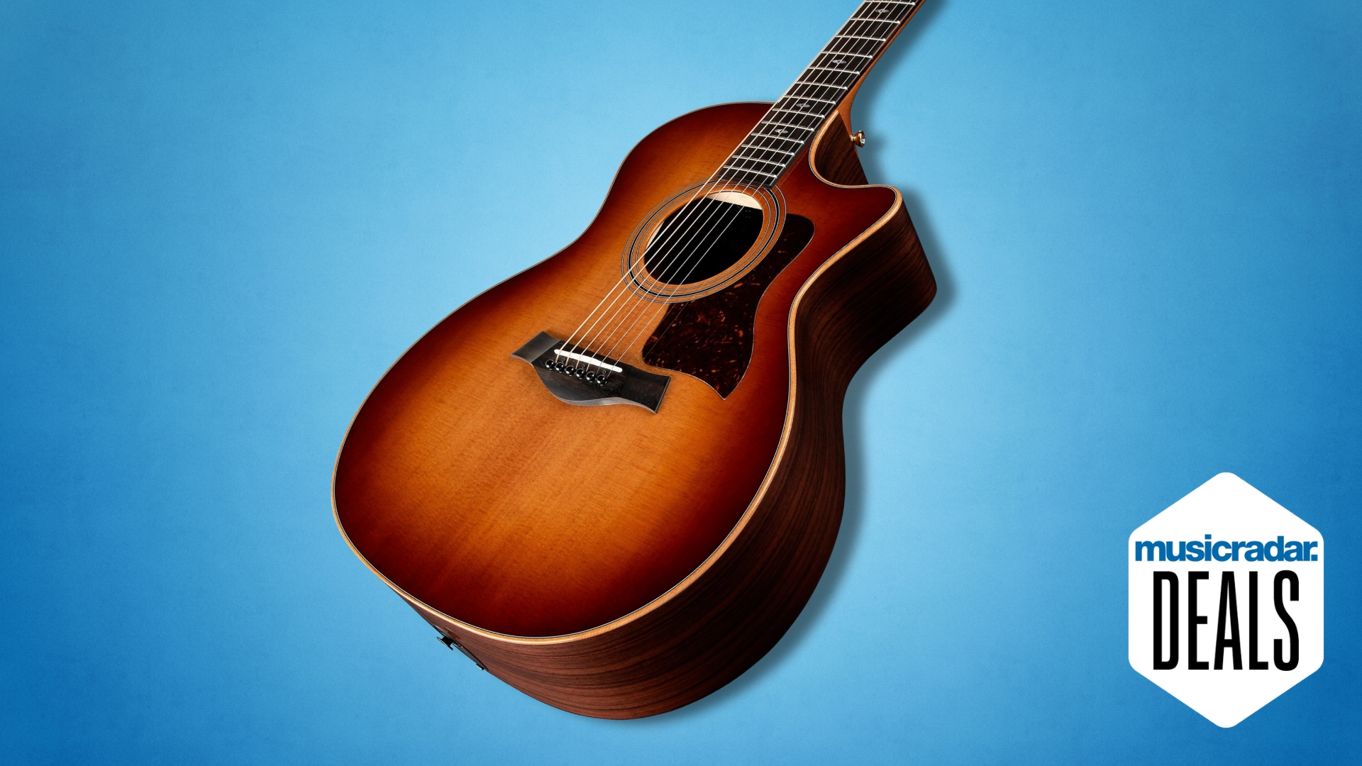 A Taylor acoustic guitar on a blue background