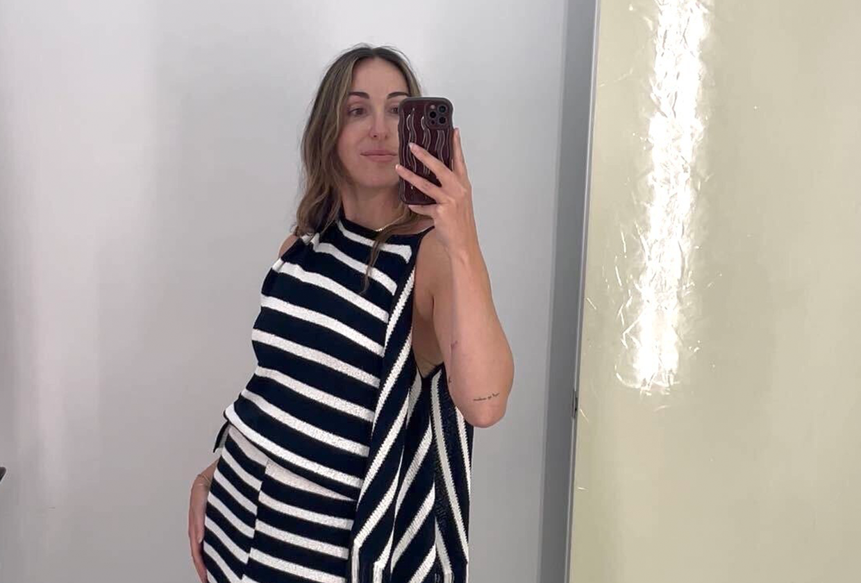 Anna LaPlaca wearing a Proenza Schouler striped top and skirt