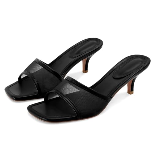 Dsevht Black Kitten Heel Sandals Stiletto Low Short Mesh Heels Slip on Slides Mule Sandal Square Open Toe Summer Dress Shoes for Women