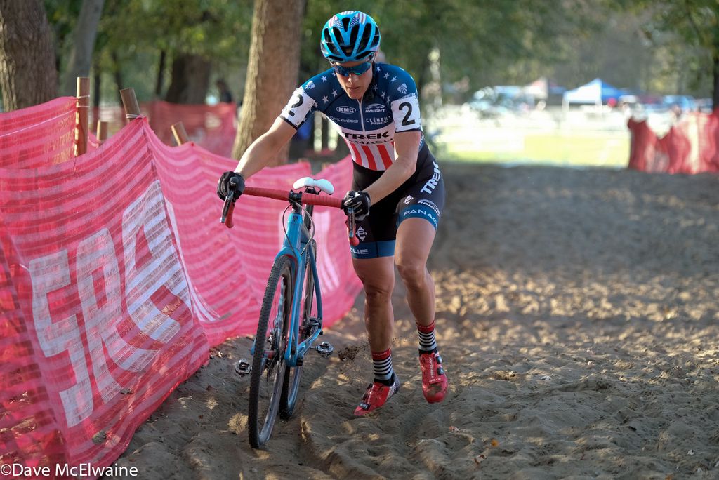 Katie Compton (Trek Panace) running in second place behind Nash