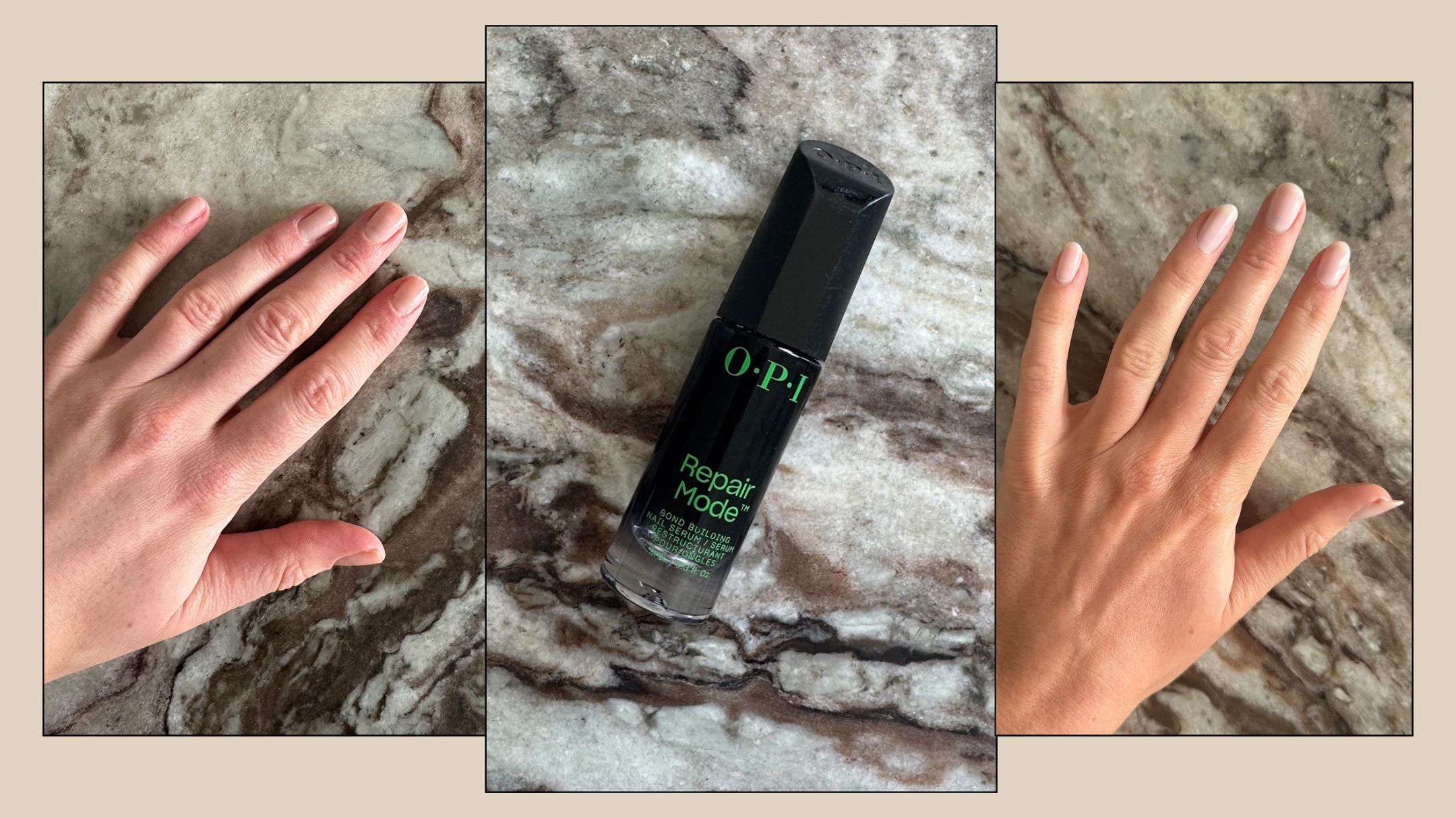 A collage featuring OPI Repair Mode and before and after pictures of Eleanor&#039;s hands after using it