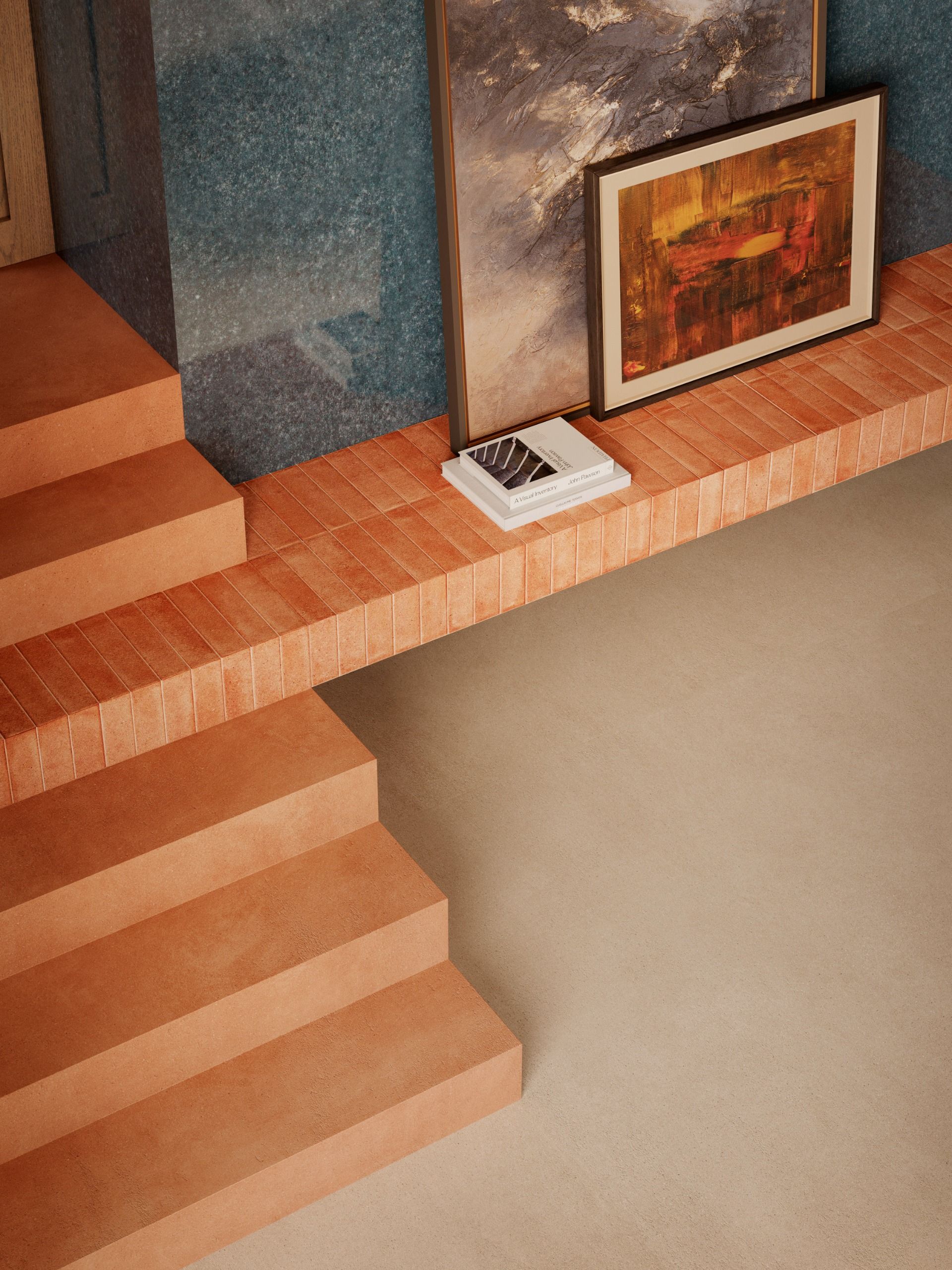 a terracotta ledge with a blue stone effect wall