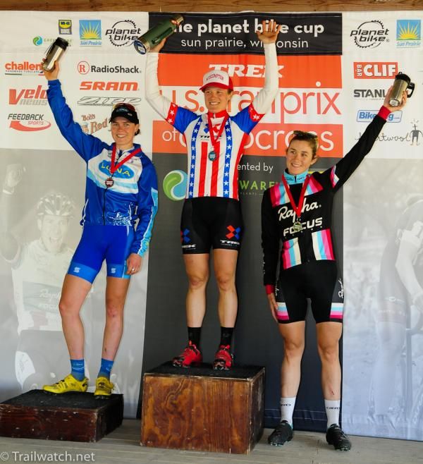 Women's podium (L to R) Georgia Gould (Luna Pro Team) 2nd, Katie Compton (Trek Cyclocross Collective) 1st, Julie Krasniak (Rapha Focus) 3rd