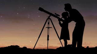 A father and his daughter look through a telescope at the night sky.