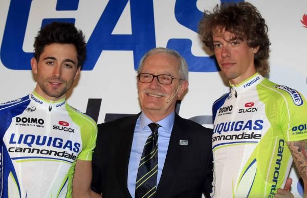Moreno Moser and Daniel Oss flank Liquigas Sport president Paolo Dal Lago.