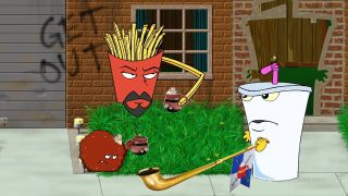 Frylock and Metawad side-eyeing Master Shake over his horchata horn on Aqua Teen Hunger Force miniseries