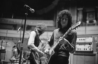 Guitarist Peter Green (right) and bassist John McVie, of British rock group Fleetwood Mac, rehearsing at the Royal Albert Hall, London, 22nd April 1969.