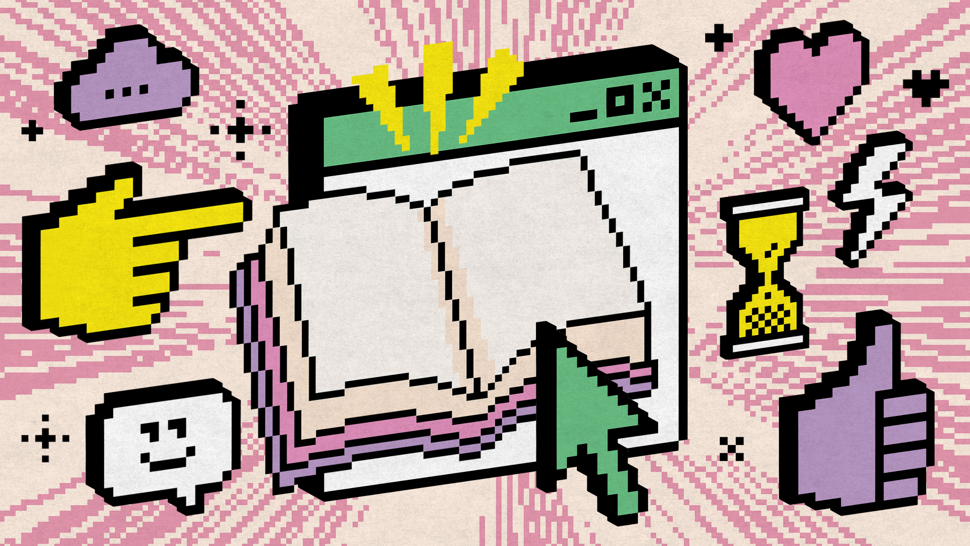 Illustrative collage of a pixel art book and video game elements