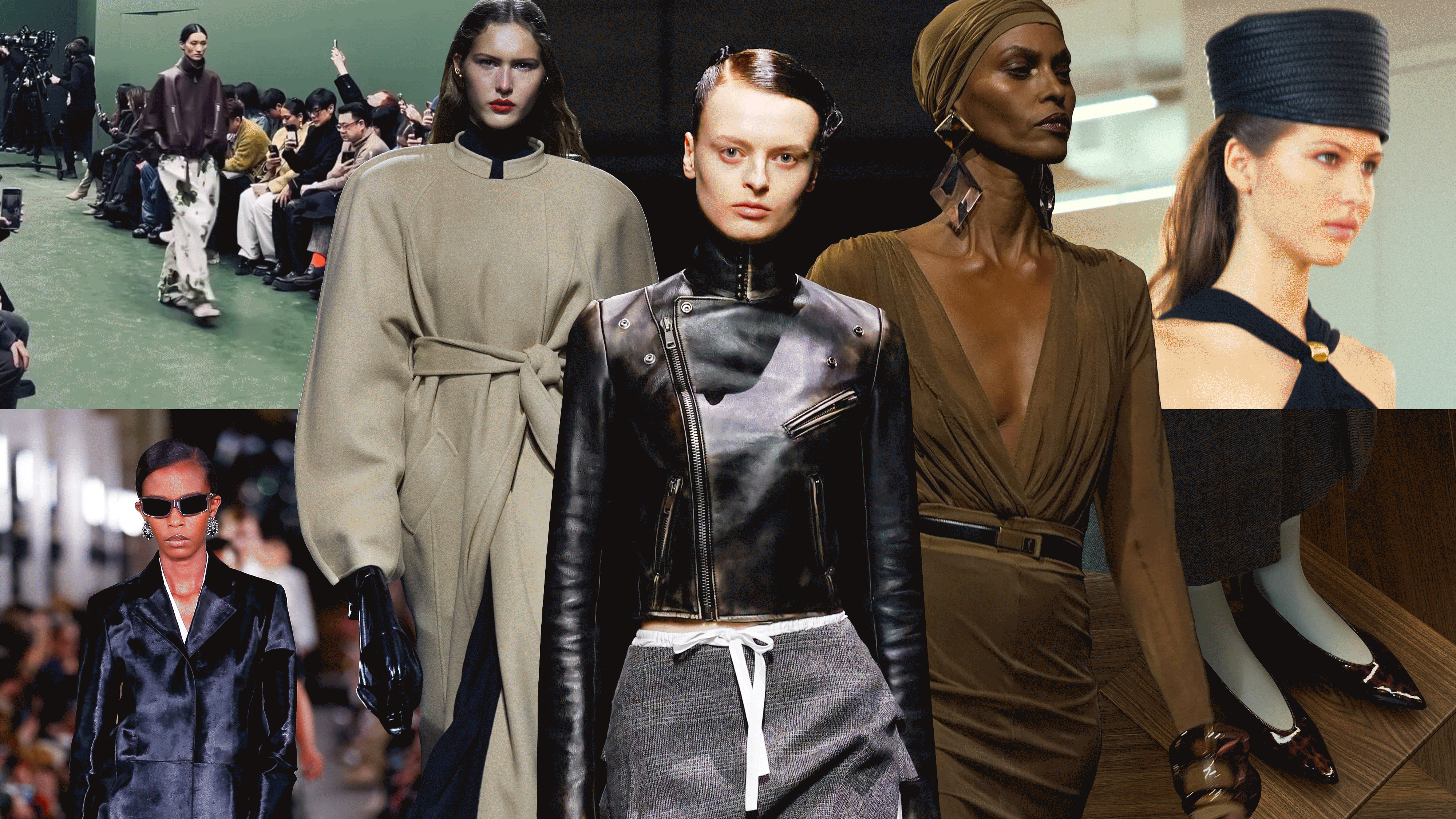 A collage of images and videos of F/W 2024 collections, including Prada, YSL, Altuzarra, and Loewe