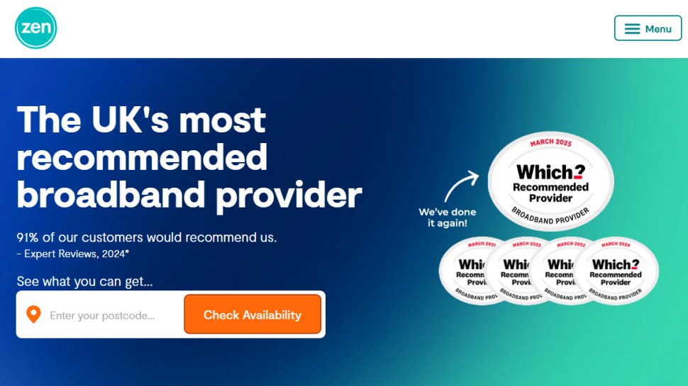 Website screenshot of Zen Internet (August, 2025)