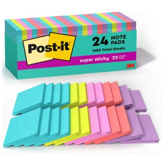 Block of 24 Post-It Notes in varying neon colors like blue, green and pink 