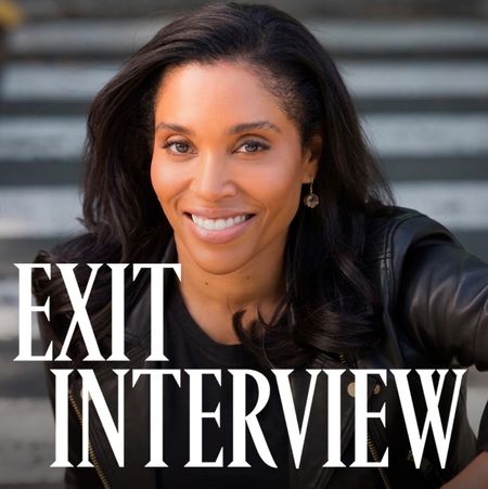 Sarah Bond in a black leather jacket, smiling at the camera, with large text reading &ldquo;EXIT INTERVIEW.&rdquo; 