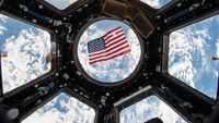 The United States flag is framed by the cupola wrap-around window on board the International Space Station.