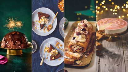 A composite image of four different Baileys recipes; a Baileys chocolate bombe on a gold cake stand, two slices of Baileys chocolate torte on white plates with gold spoons, a Baileys roulade on a gold platter and a cheese cake on a gold cake stand with fairy lights in the background.