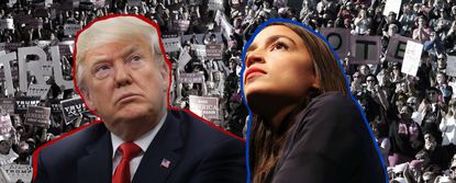 President Trump and Alexandria Ocasio-Cortez in front of supporters.