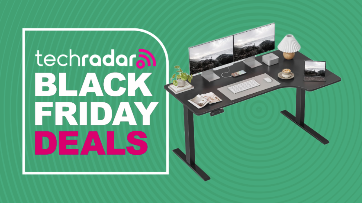 A compact Fezibo L-shaped standing desk on a green background next to a TechRadar badge reading &#039;Black Friday deals&#039;