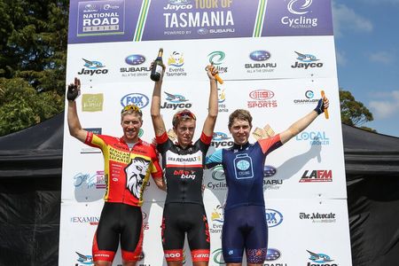 Stage 4 podium of Sean Lake (African Wildlife Safaris Cycling Team), Dylan Sunderland (AMR Renault Racing Team) and Brad Evans (Pat's Veg Cycling)