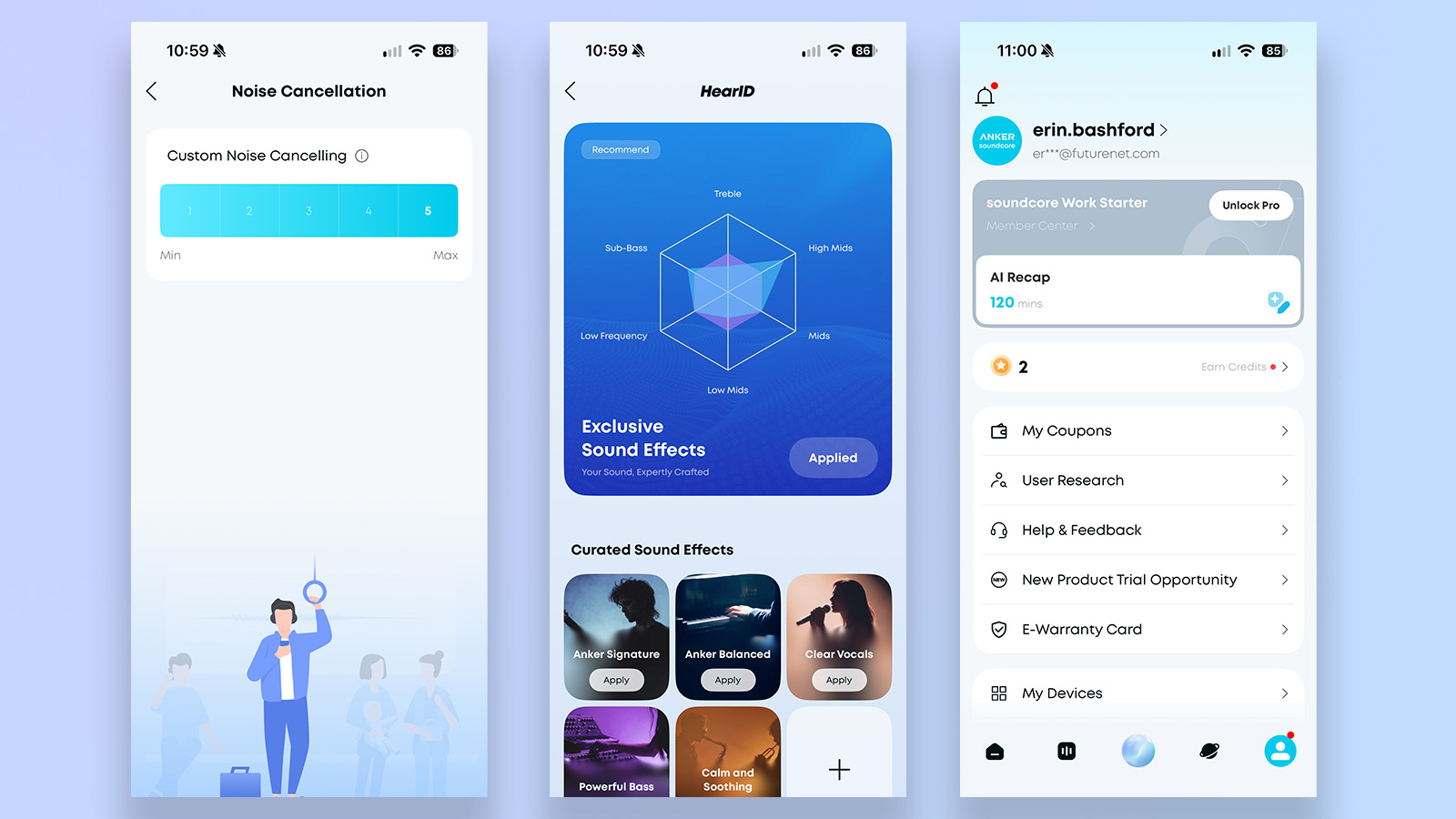 screenshots from the anker soundcore app showing functionality with the space 2 pro headphones